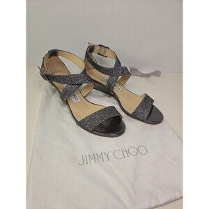 Jimmy Choo Sparkly Ankle Strap Silver Sandal Kitten Heel Leather Sz EU 35 NWOT